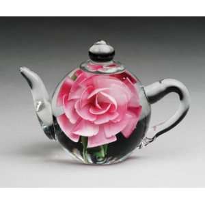  Glass Teapot Paperweight with Pink Rose
