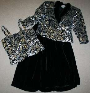   Womens 12 Skirt Suit 3 Piece Black Silver Holiday Velvet Party Dress