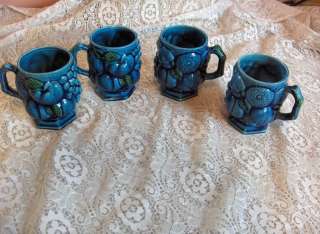 Vintage Mugs 1960s Inarco China Mood Indigo Blue Embossed Fruit 