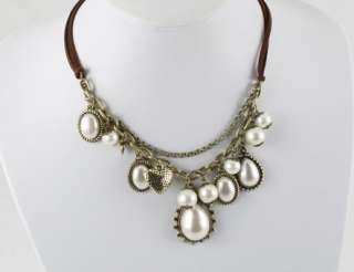  Fashion Jewelry Retro Double Leather String And Pearl Necklace  