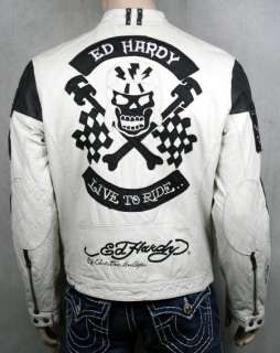 Ed Hardy Mens LEATHER biker Jacket RACE N PISTON Skull  