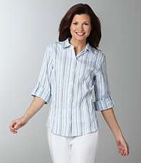 Westbound Petites Easy Care Roll Tab Crinkle Stripe Shirt $27.00
