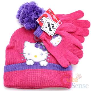 Sanrio Hello Kitty Beanie Gloves Set  Pink Purple w/Furry Ball  