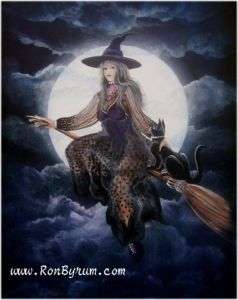 FoLk Art HaLloWeeN Beautiful Witch Flying on Broom with Cat PRINT HA31 