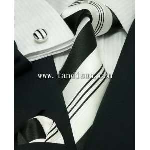 Landisun 10G Black White Stripe Mens Silk Tie Set Tie+Hanky+Cufflinks 