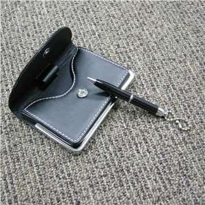  Black Leather Business Card Holder with Mini Pen