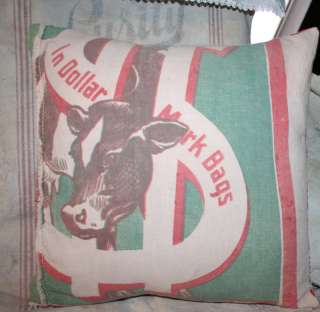 Vintage Cattle Dairy Feed Sack Pillow Cover Slip Red Green Dollar Sign 