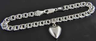   Gold Puffed Heart Dangle Charm Pendant Chain Link Bracelet  