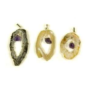 25 Pc Sheet of Geode Slice with Silver Plated Amethyst Point Pendant 