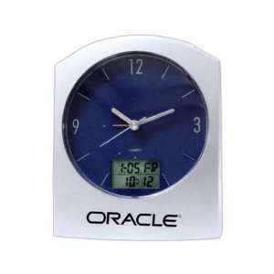  Dual time digital and analog desk clock features a blue 