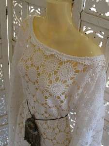 Vintage 70s WHITE CROCHET DRAPING Angel Bell Vtg Dress  