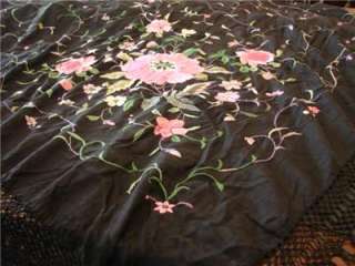 VINTAGE BLACK SILK EMBROIDERED FRINGED PIANO SCARF SHAWL TABLECLOTH 