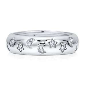  Sterling Silver 925 Cubic Zirconia Crescent Moon And Star Band Ring 