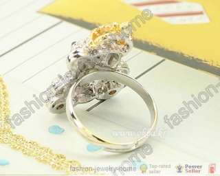 Lovely Teddy Bear Clear Crystal Dazzling Gold Plated Crown Ring  