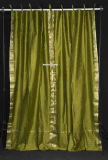     Pair Olive Green Silk Sari Curtains Drapes Panels Made to measure