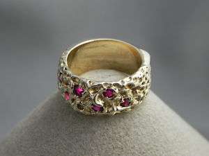 Mens Custom Solid 14kt Gold Ring With Six Natural Rubies Size 10 