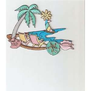   Scene Iron On Embroidered Applique/Palm Tree, Boat 