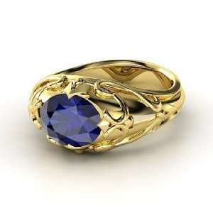    Hearts Crown Ring, Oval Sapphire 14K Yellow Gold Ring Jewelry