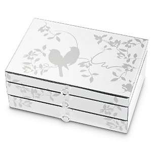   Etched Songbird Mirrored JEWELRY BOX Drawer & Flip Lid Mirror NEW