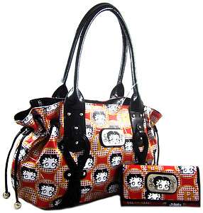 Licensed Betty Boop Side Drawstring Tote Purse Handbag Wallet SET Red 