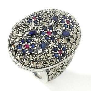  Sterling Silver Ruby, Sapphire & Marcasite Ring Jewelry