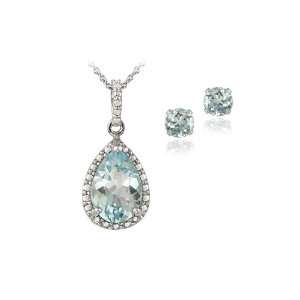   Blue Topaz & Diamond Accent Teardrop Necklace Earrings Set Jewelry