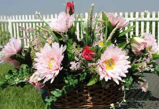 Basket Silk Flower Arrangement Pink Gerber Daisies Rose  