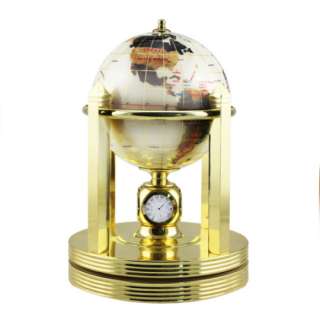 Pearl White & Polished Stone Globe w Brass Stand w Clock New 