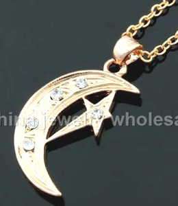 CRESCENT MOON SIMULATED DIAMOND ACCENTS PENDANT   GOLD ALLOY Chain 17 
