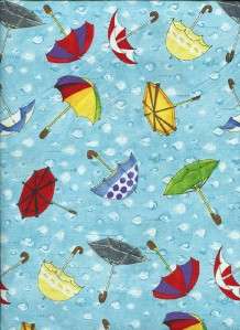 COLORFUL UMBRELLAS RAINDROPS BLUE~ Cotton Quilt Fabric  