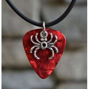  Guitar Pick Necklace with Spider Charm on Red Fender Pick 