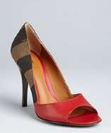 Fendi red and tobacco stripe canvas peep toe pumps style# 319414201