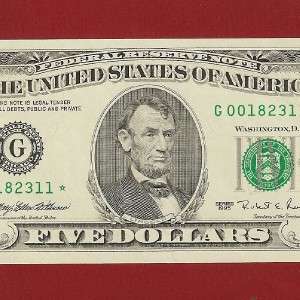 US CURRENCY 1995* $5 Federal Reserve Star Note, Old Style Paper Money 