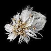   Ivory Rhinestone Crystal Bridal Feather Fascinator Hair Comb pin 456GD
