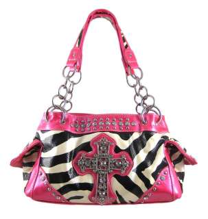 Zebra Print Gothic Cross Studded Handbag Hot Pink Trim Color BLACK 