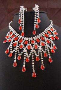   Bridal Red crystal necklace earring Silver Jewelry set TL0342  
