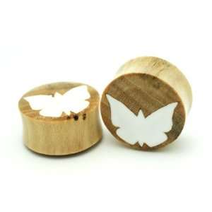 16 14mm Organic Double Flare Crocodile Wood White Butterfly on Clove 