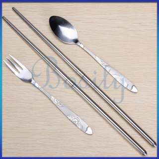 Stainless Steel Chopsticks Fork Spoon Flatware Set Protable 3in1 
