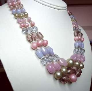   Crystal & Art Glass Multi 3 Strand Purple Pink BIB Necklace Japan