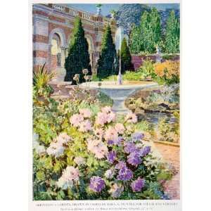  1943 Color Print Sketch Study Garden Water Fountain Architecture 