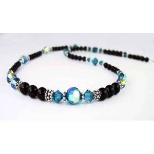  Blue Zircon Beaded Swarovski Crystal Black Pearl Birthstone Necklace 