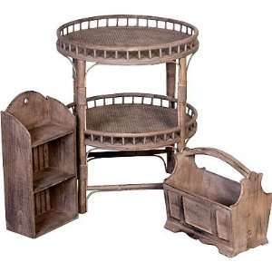  2 Tier Round Baboom Table, Wood Shelf, Basket Set Patio 